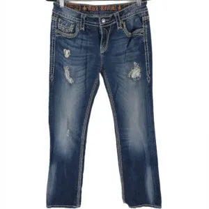 ROCK REVIVAL Vivian Easy Boot Distressed Rhinestone Embroidered Jeans Size 29