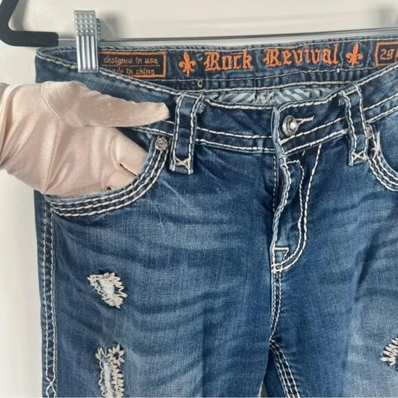 ROCK REVIVAL Vivian Easy Boot Distressed Rhinestone Embroidered Jeans Size 29
