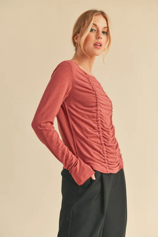 Ruched Front Round Neck Long Sleeve T-Shirt