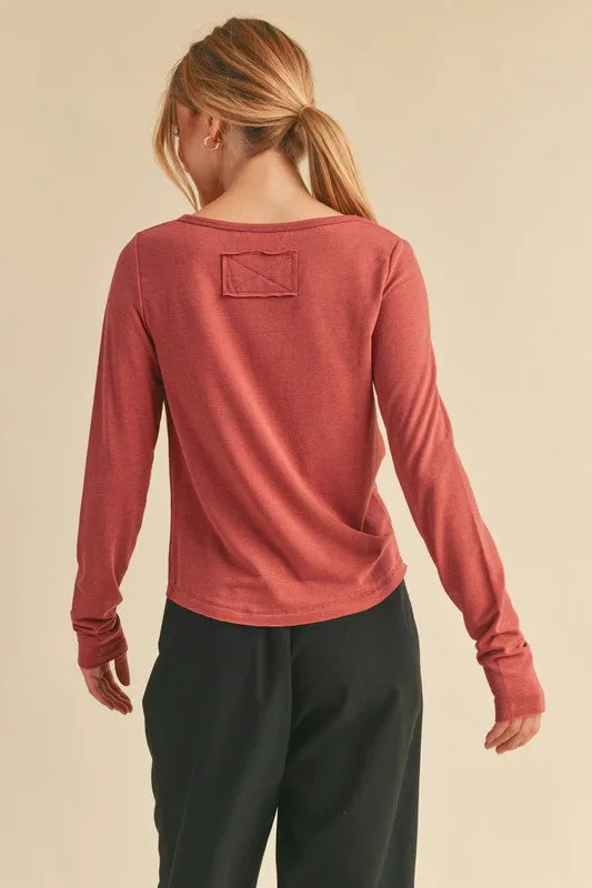 Ruched Front Round Neck Long Sleeve T-Shirt