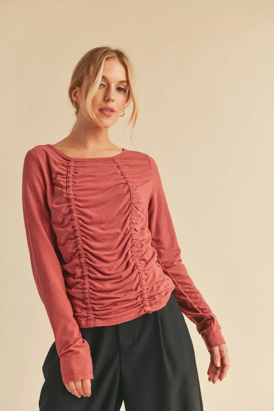 Ruched Front Round Neck Long Sleeve T-Shirt