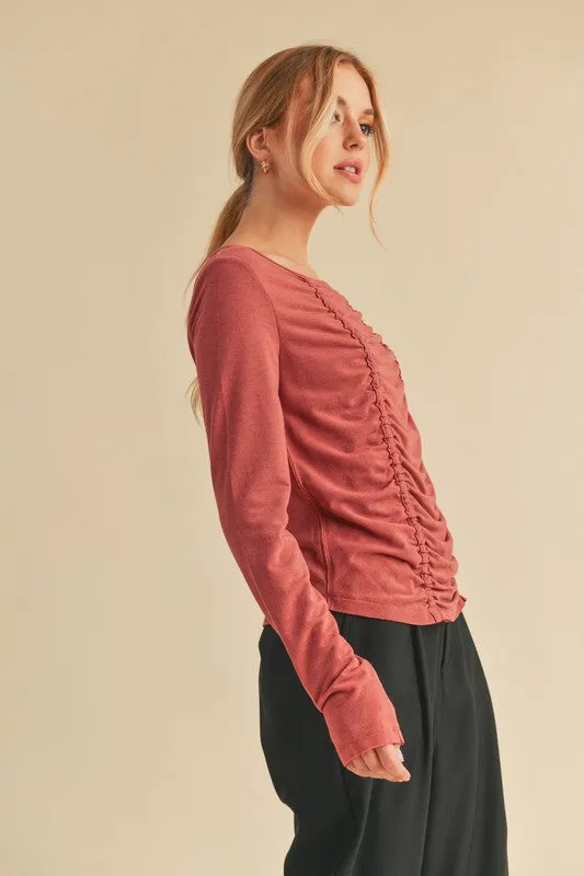 Ruched Front Round Neck Long Sleeve T-Shirt