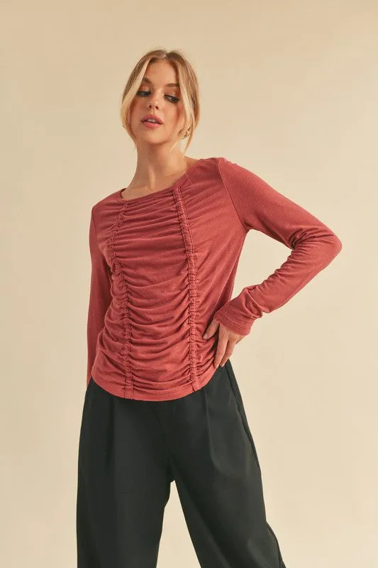 Ruched Front Round Neck Long Sleeve T-Shirt