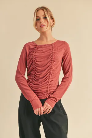 Ruched Front Round Neck Long Sleeve T-Shirt