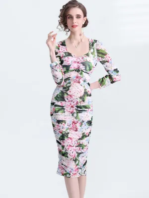 Ruched Stretch Midi Sheath Dress