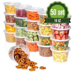 Safeware 16oz [50 Sets] Deli Plastic Food Storage Containers with Airtight Lids - Great for Slime, Soup, Portion Control and Meal Prep | Microwave | Dishwasher | Freezer Safe | Leakproof | Stackable