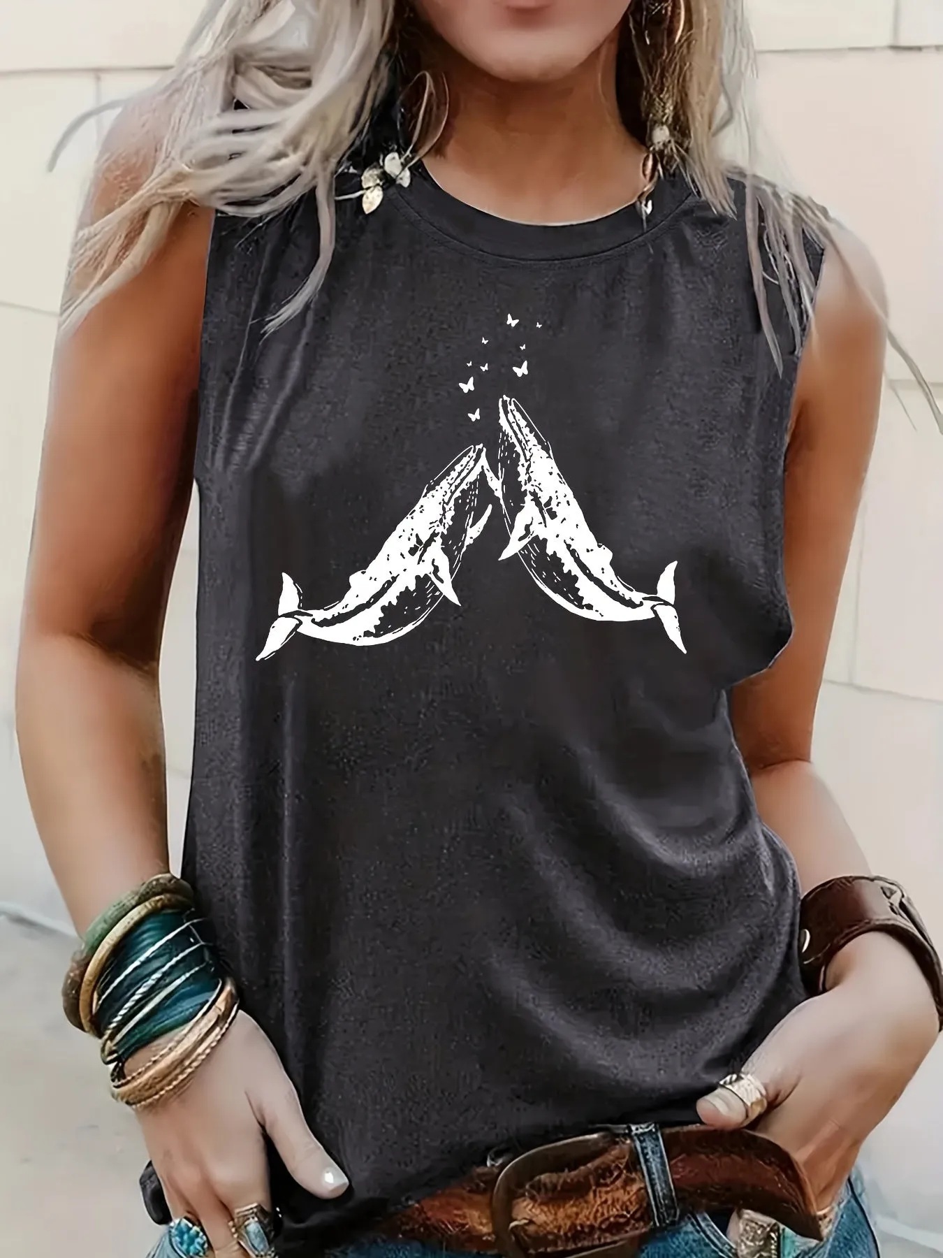 Scuba diving T-Shirt for Women | Whale Print Crew Neck Tank Top