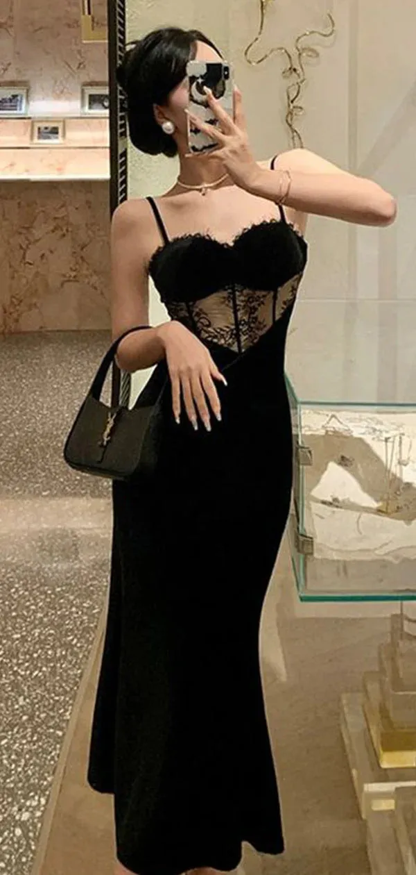 Sexy Black Spaghetti Straps Mermaid Sweet Heart Long Evening Prom Dresses,WGP448