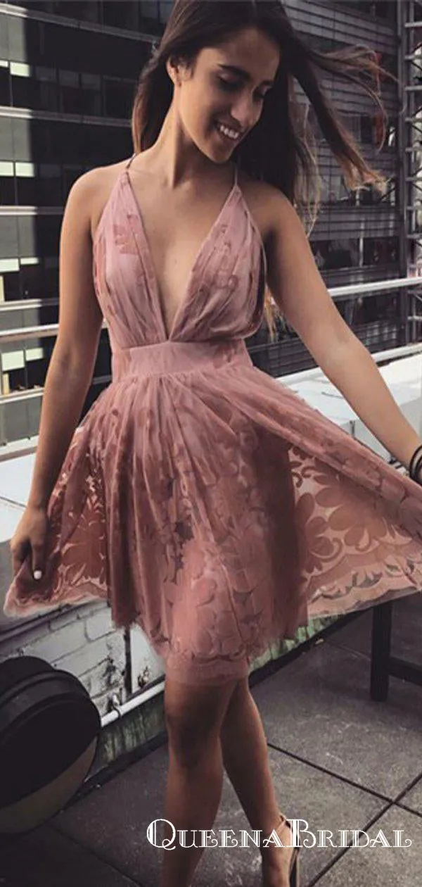 Sexy Charming Deep V-Neck A-Line Pink Lace Short Cheap Homecoming Dresses, QB0910