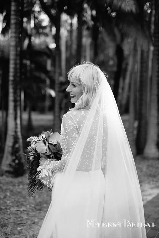 Sexy Deep V-neck Long Sleeves White Side Slit Long Cheap Wedding Dresses, WDS0022