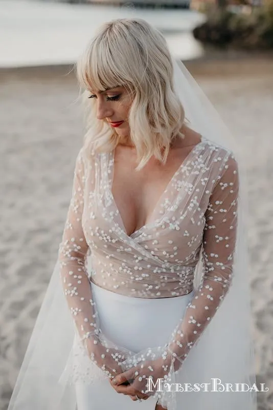 Sexy Deep V-neck Long Sleeves White Side Slit Long Cheap Wedding Dresses, WDS0022