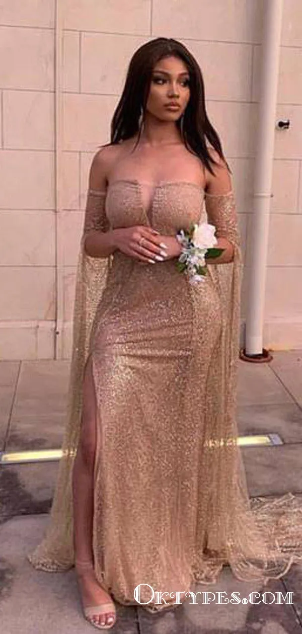 Sexy Glitter Champagne Sequins Long Cheap Prom Dresses with Slit, TYP1845