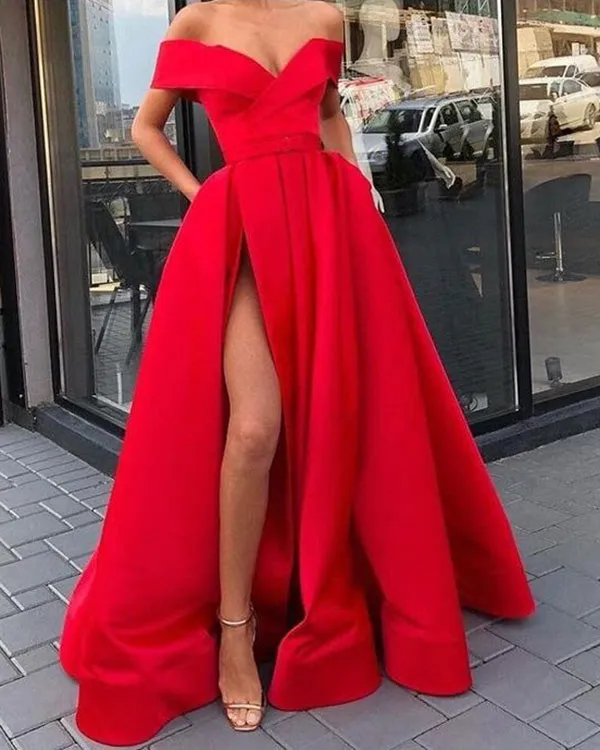 Sexy Satin Prom Dresses with Split Side 2019 Fashion Prom Party Gowns V-Neck Cap Sleeve
