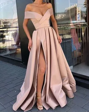 Sexy Satin Prom Dresses with Split Side 2019 Fashion Prom Party Gowns V-Neck Cap Sleeve