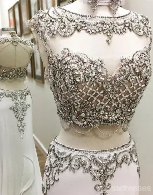Sexy Two Pieces Mermaid White Heavily Beaded Long Evening Prom Dresses, Popular Cheap Long 2018 Party Prom Dresses, 17251