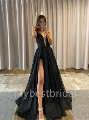 Sexy V-neck A-line Side slit Sleeveless Prom Dresses , PDS0362