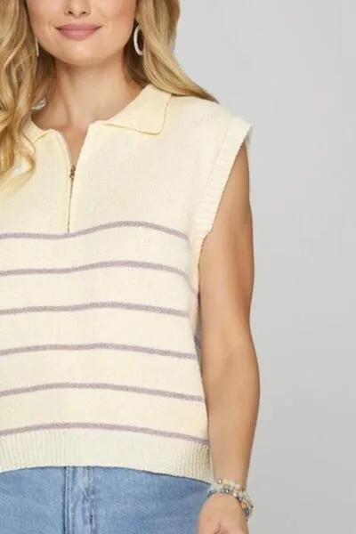 She   Sky Ribbed Hem Striped Half Zip Sweater Vest