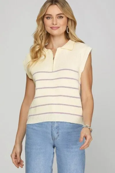 She   Sky Ribbed Hem Striped Half Zip Sweater Vest