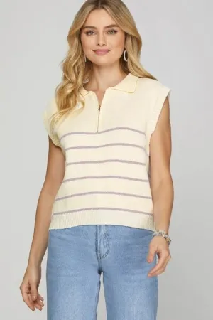 She   Sky Ribbed Hem Striped Half Zip Sweater Vest