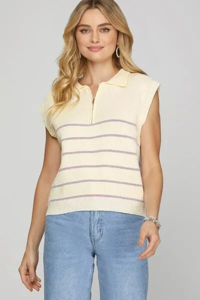 She   Sky Ribbed Hem Striped Half Zip Sweater Vest