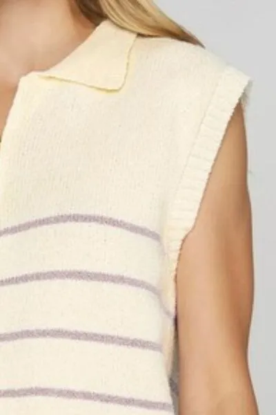 She   Sky Ribbed Hem Striped Half Zip Sweater Vest