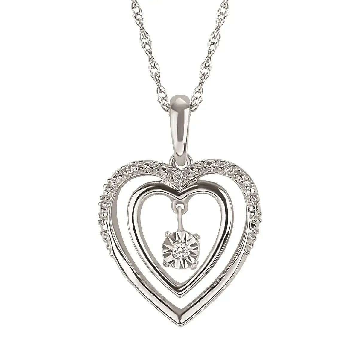 Shimmering Diamonds Sterling Silver Double Heart Pendant Diamond Necklace