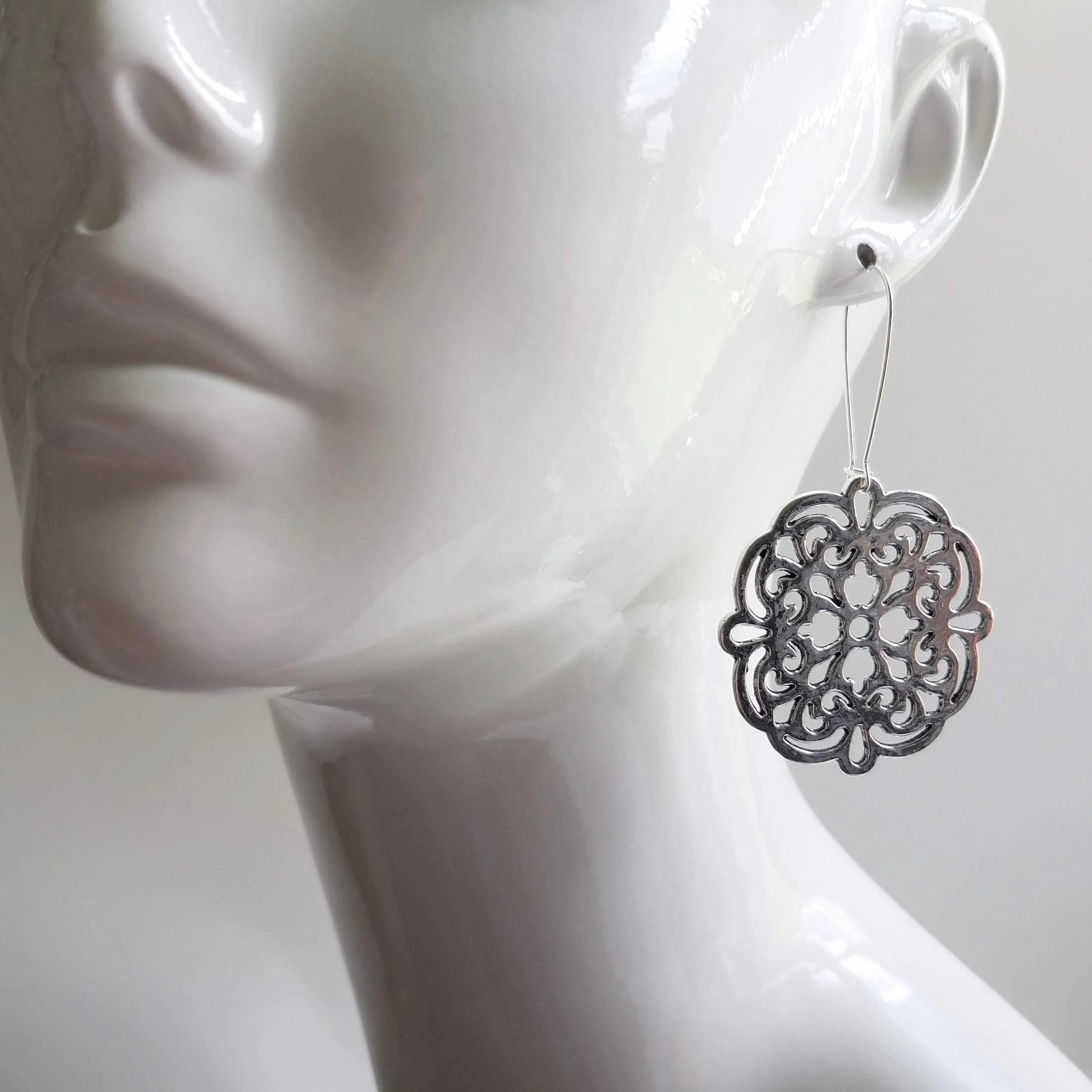 Silver Medallion Earrings, large silver earring, bold silver earrings, Moroccan earrings, filigree cut out, Boho earrings, round statement