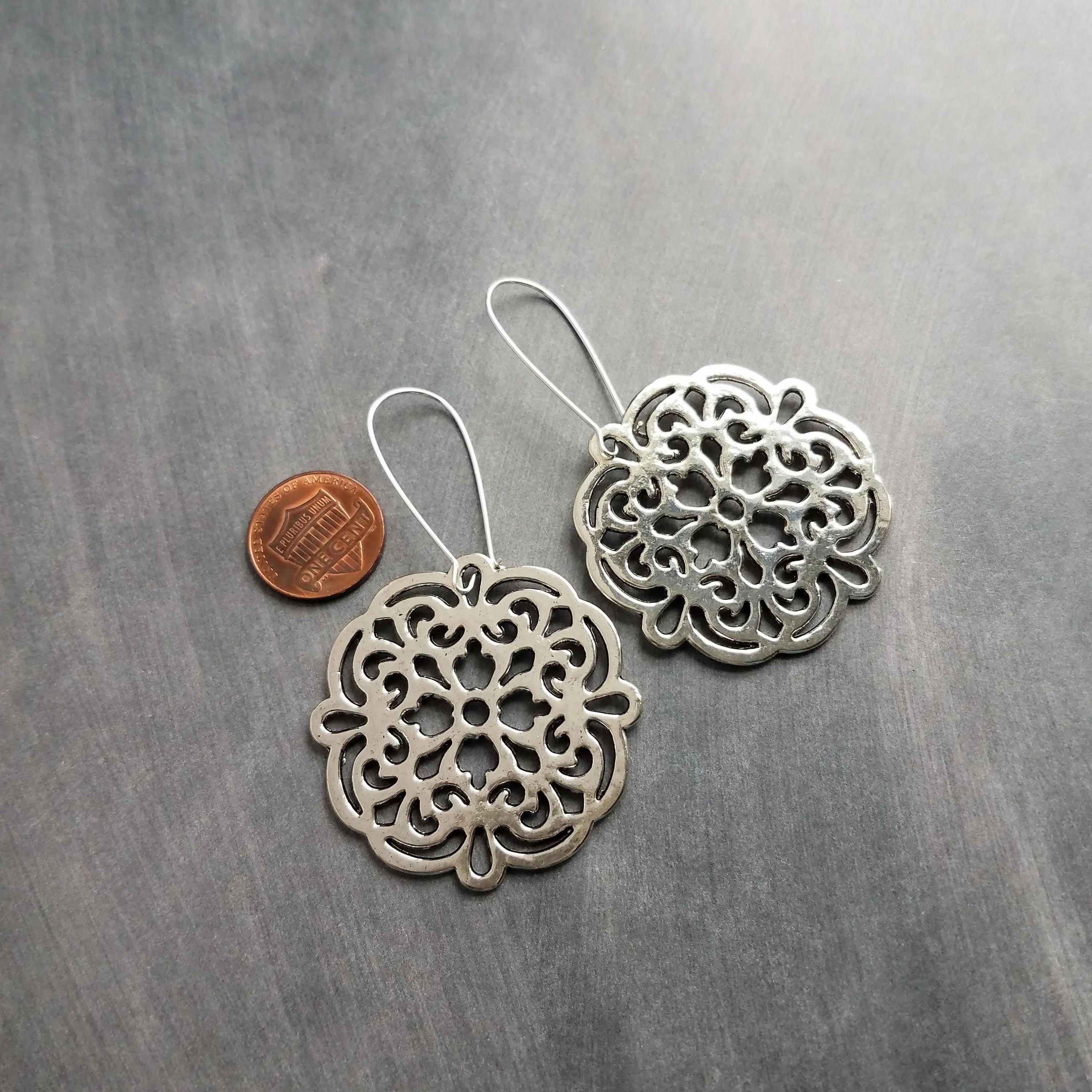 Silver Medallion Earrings, large silver earring, bold silver earrings, Moroccan earrings, filigree cut out, Boho earrings, round statement