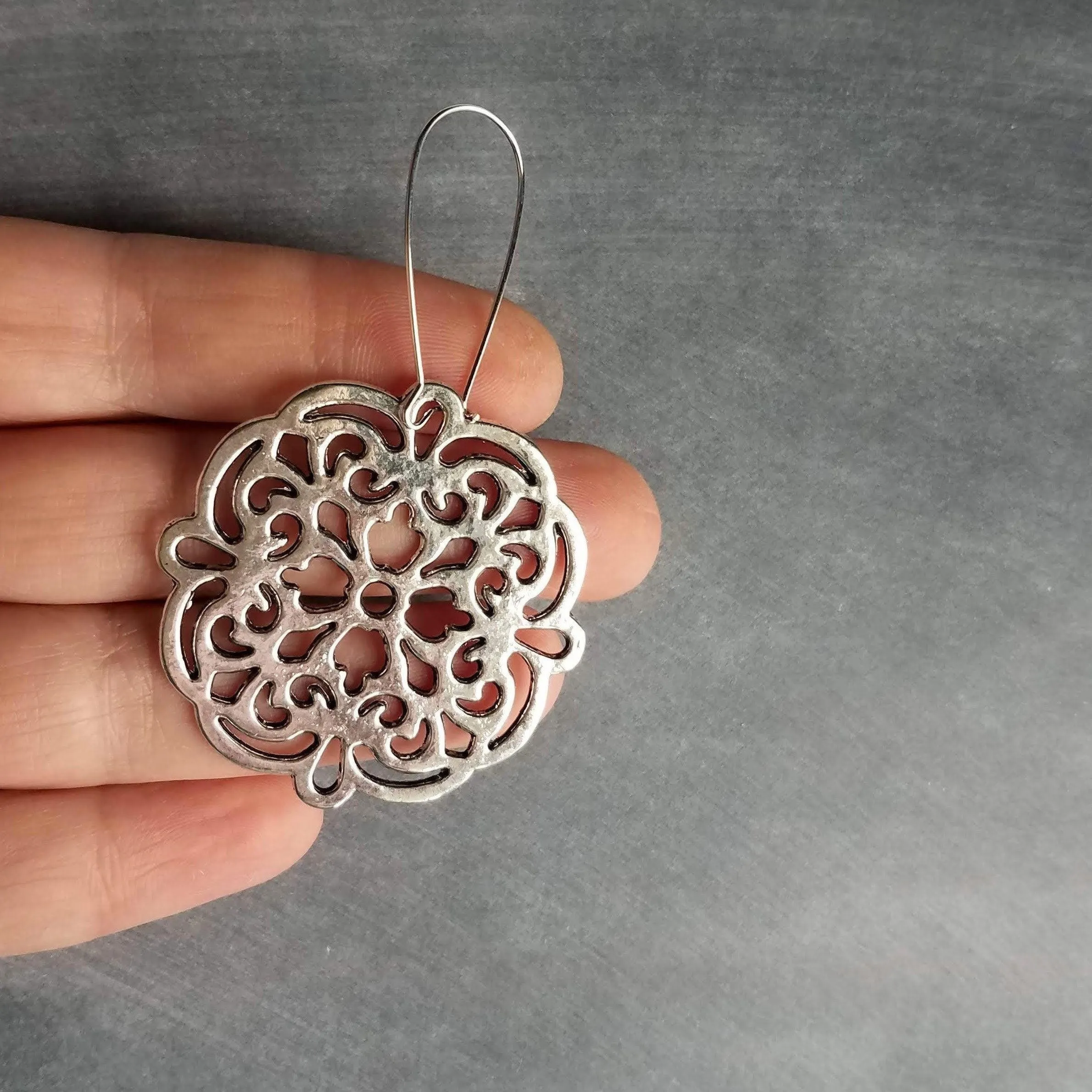 Silver Medallion Earrings, large silver earring, bold silver earrings, Moroccan earrings, filigree cut out, Boho earrings, round statement