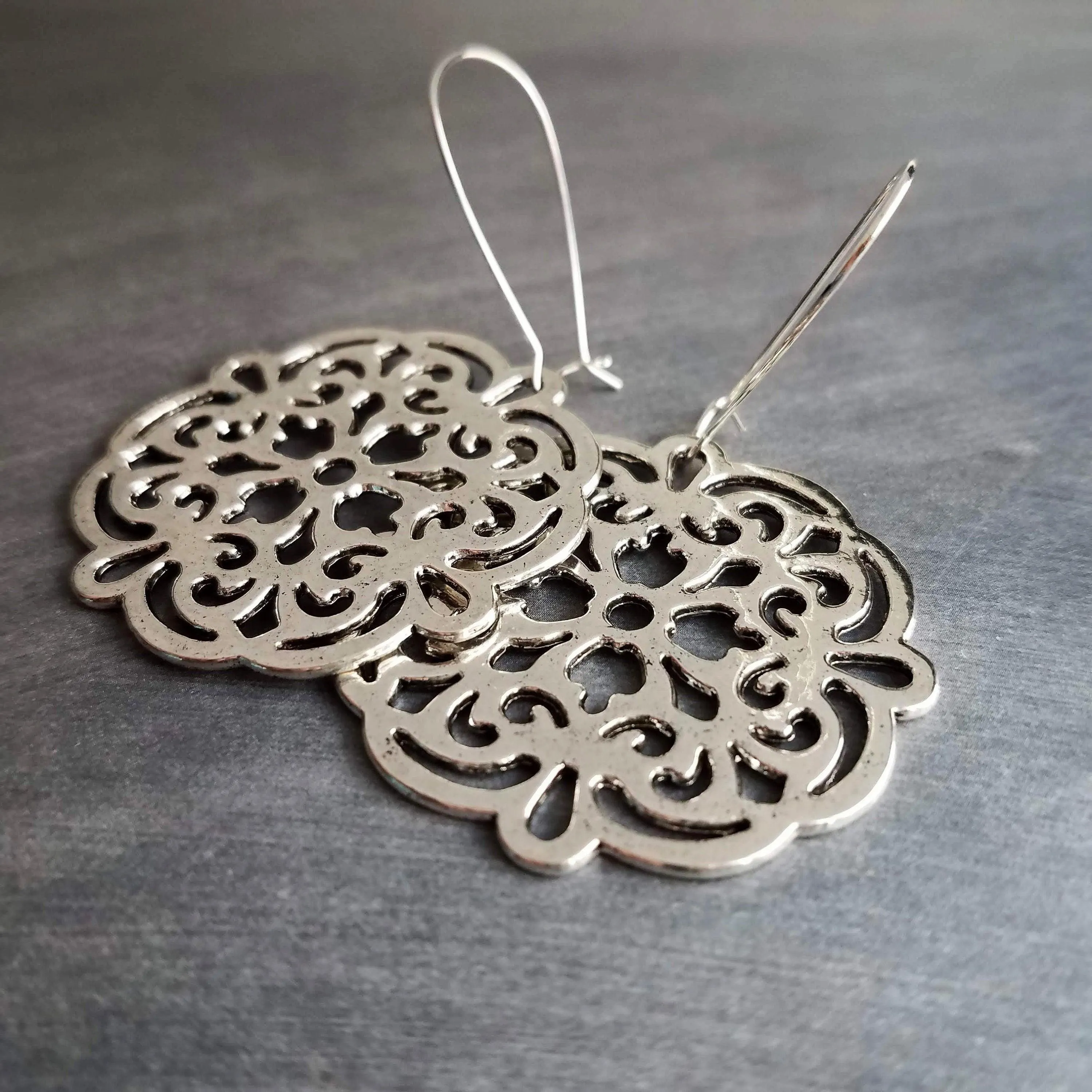 Silver Medallion Earrings, large silver earring, bold silver earrings, Moroccan earrings, filigree cut out, Boho earrings, round statement