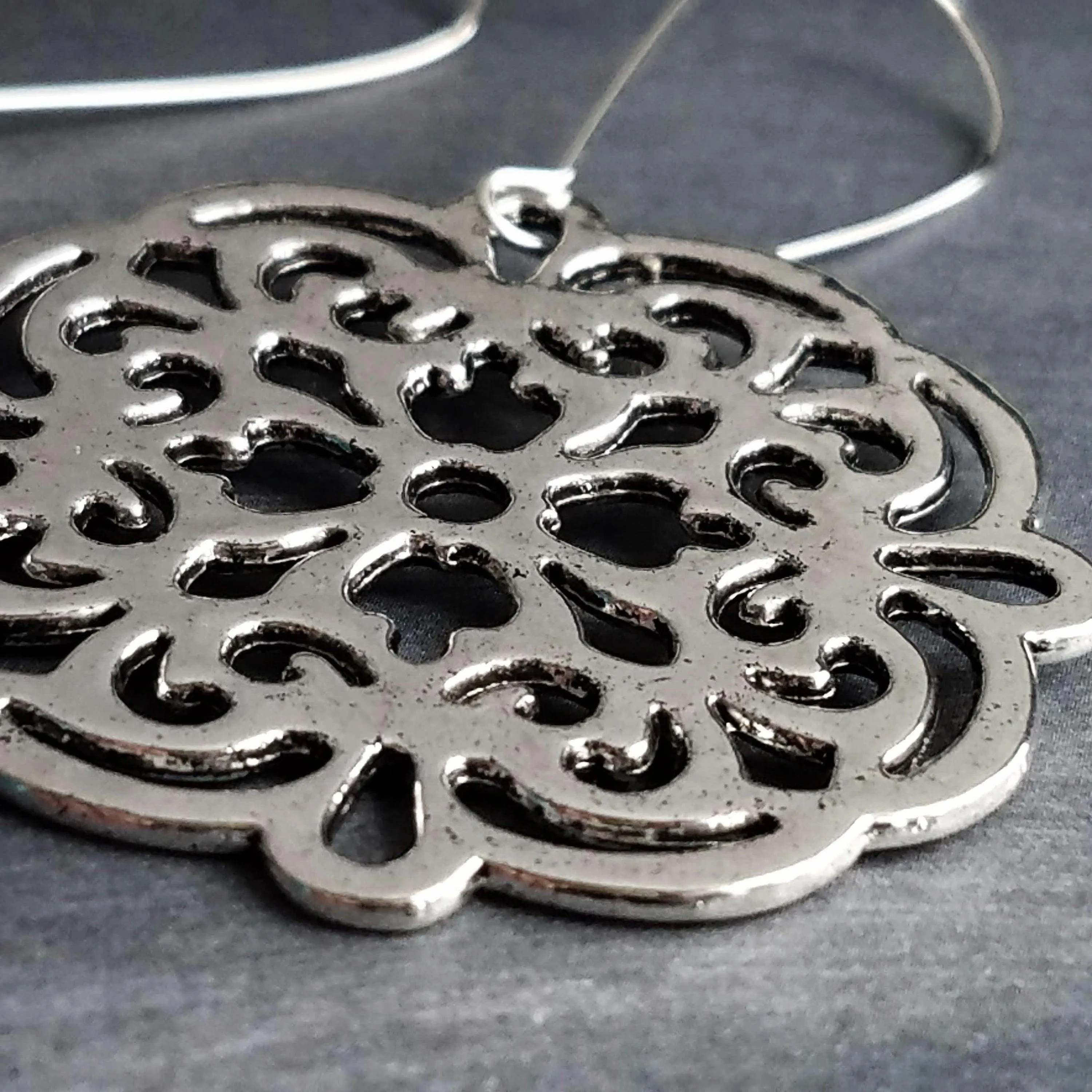 Silver Medallion Earrings, large silver earring, bold silver earrings, Moroccan earrings, filigree cut out, Boho earrings, round statement