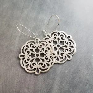 Silver Medallion Earrings, large silver earring, bold silver earrings, Moroccan earrings, filigree cut out, Boho earrings, round statement
