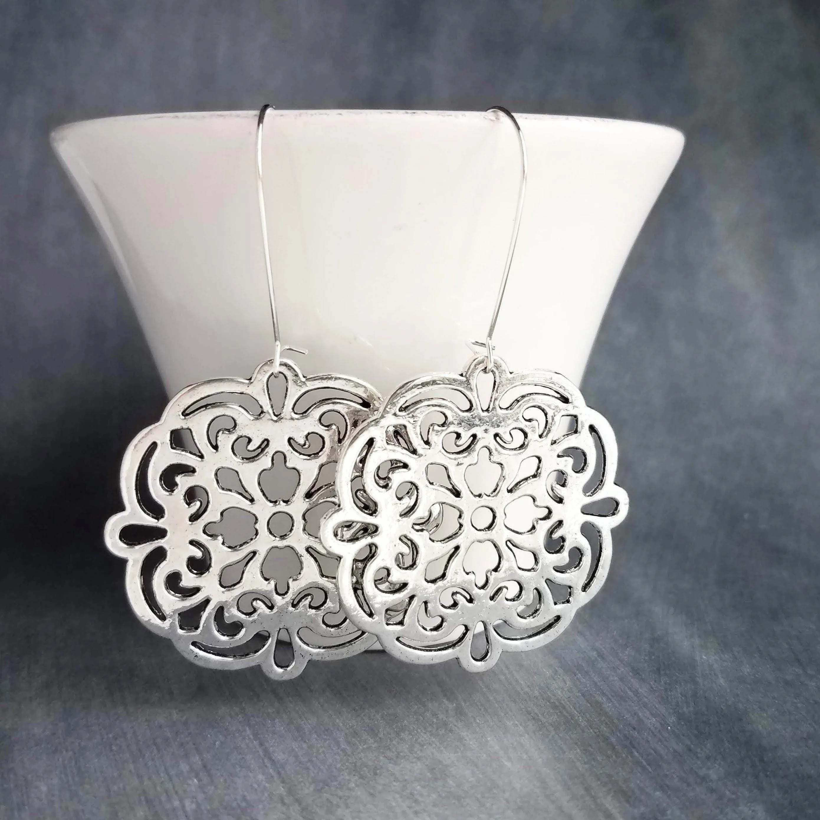 Silver Medallion Earrings, large silver earring, bold silver earrings, Moroccan earrings, filigree cut out, Boho earrings, round statement