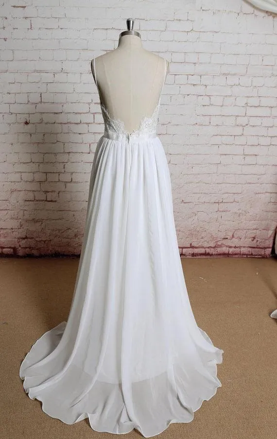 Simple Backless Lace Spaghetti Straps Cheap Beach Wedding Dresses Online, WD388
