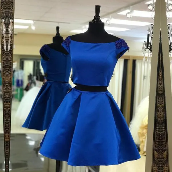 Simple Cute Two Piece Cap Sleeve Blue Homecoming Dresses 2018, BDY0249