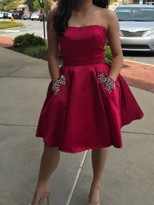 Simple Strapless Cute Cheap Beaded Red Homecoming Dresses, BDY0238