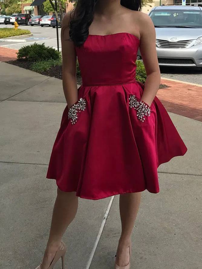 Simple Strapless Cute Cheap Beaded Red Homecoming Dresses, BDY0238