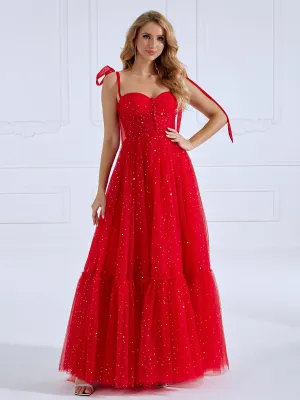 Sleeveless Sweatheart Neckline Starry Tulle Prom Dress with Button Detail YW231022