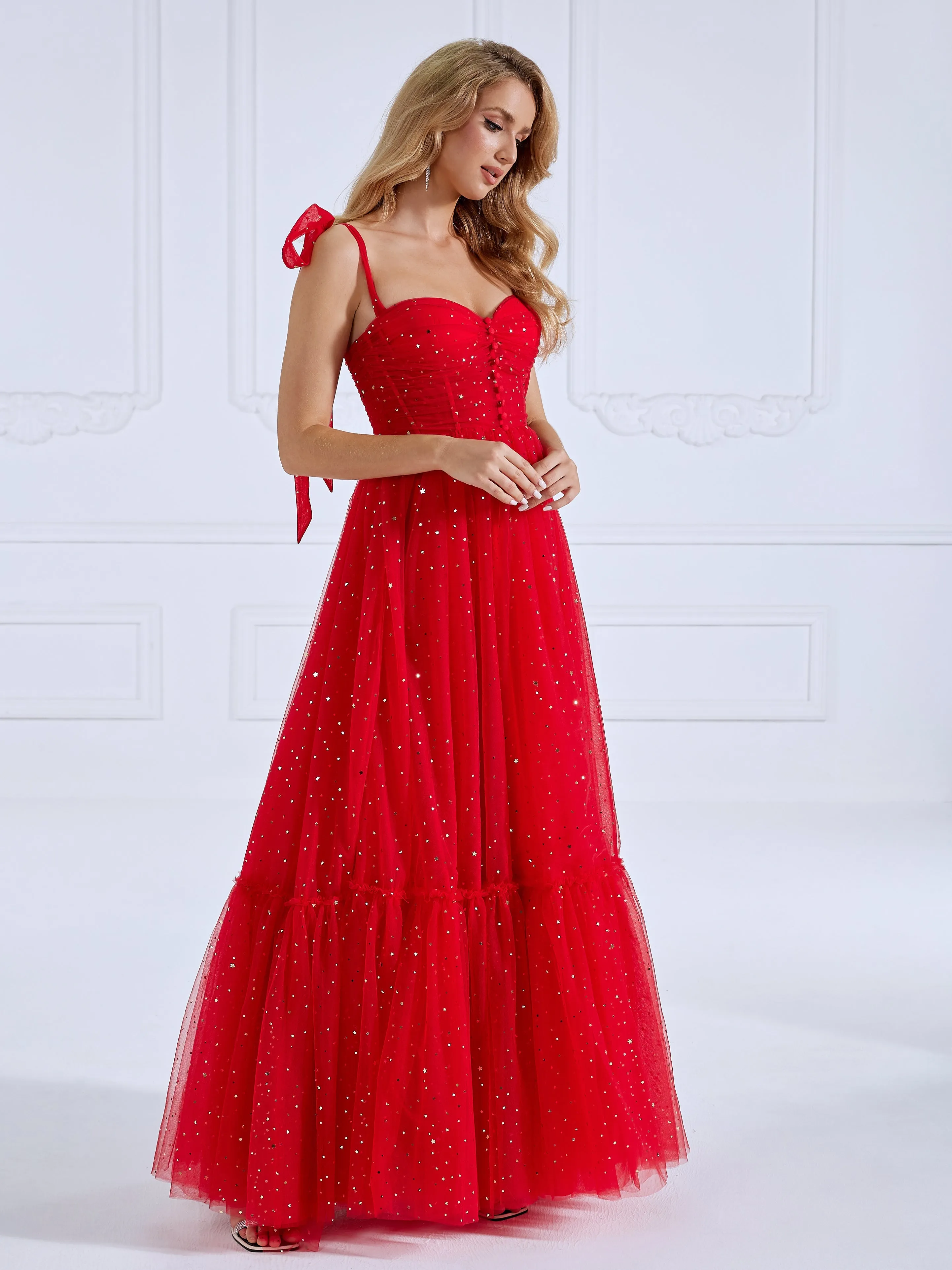 Sleeveless Sweatheart Neckline Starry Tulle Prom Dress with Button Detail YW231022