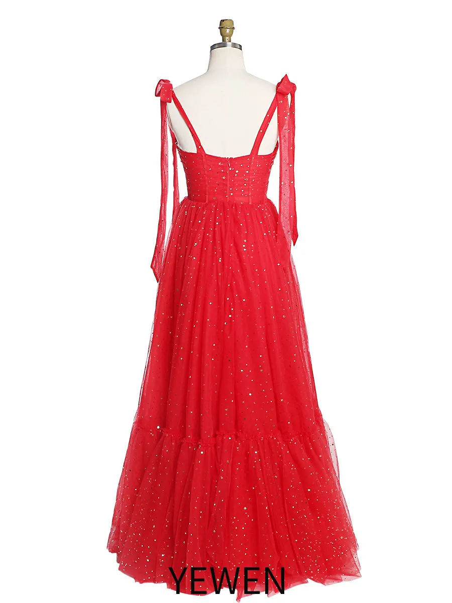 Sleeveless Sweatheart Neckline Starry Tulle Prom Dress with Button Detail YW231022