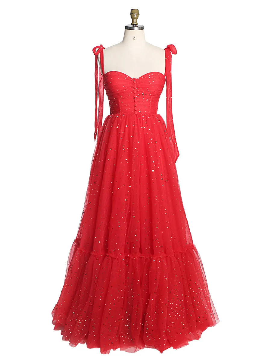 Sleeveless Sweatheart Neckline Starry Tulle Prom Dress with Button Detail YW231022