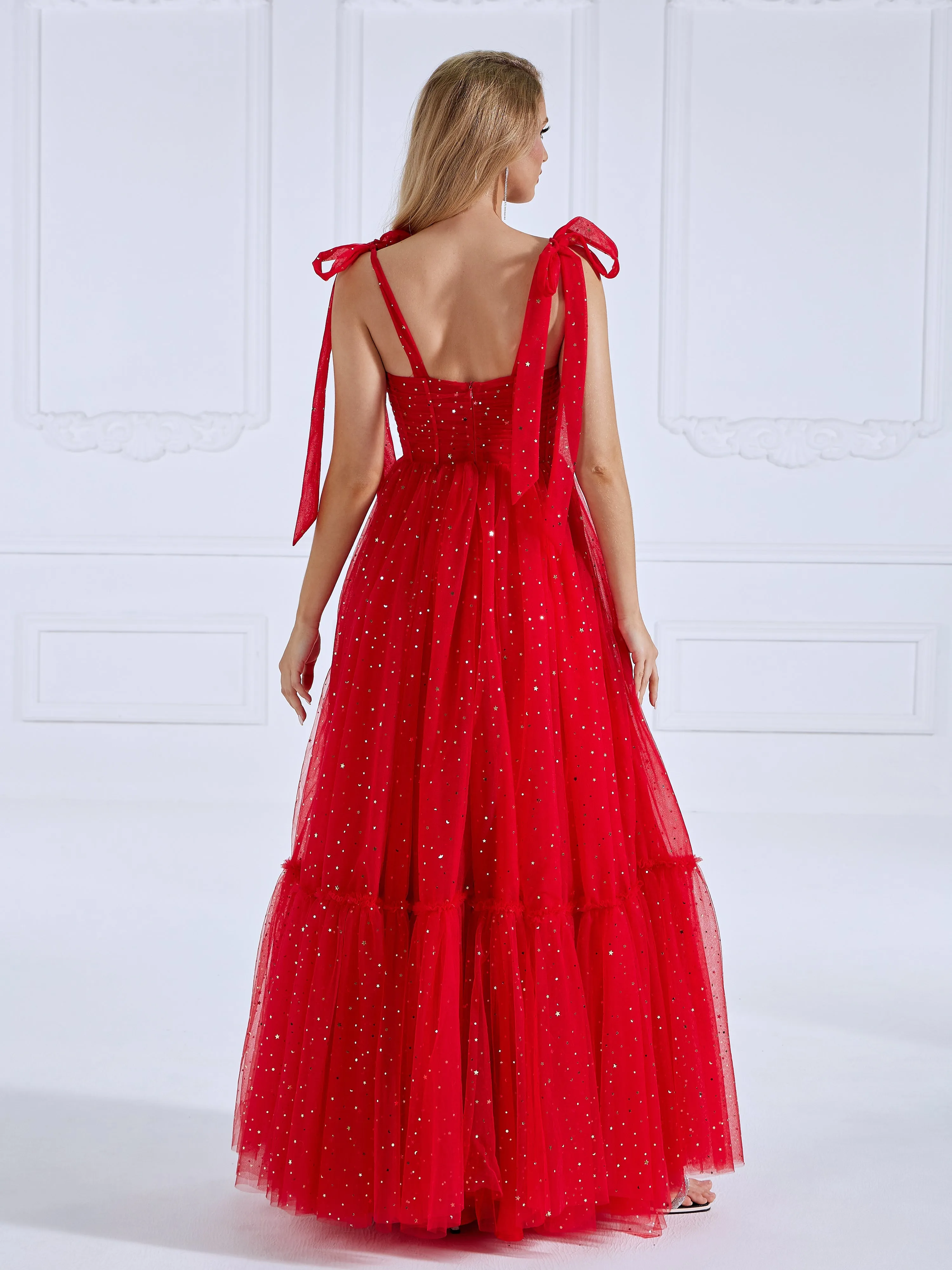 Sleeveless Sweatheart Neckline Starry Tulle Prom Dress with Button Detail YW231022
