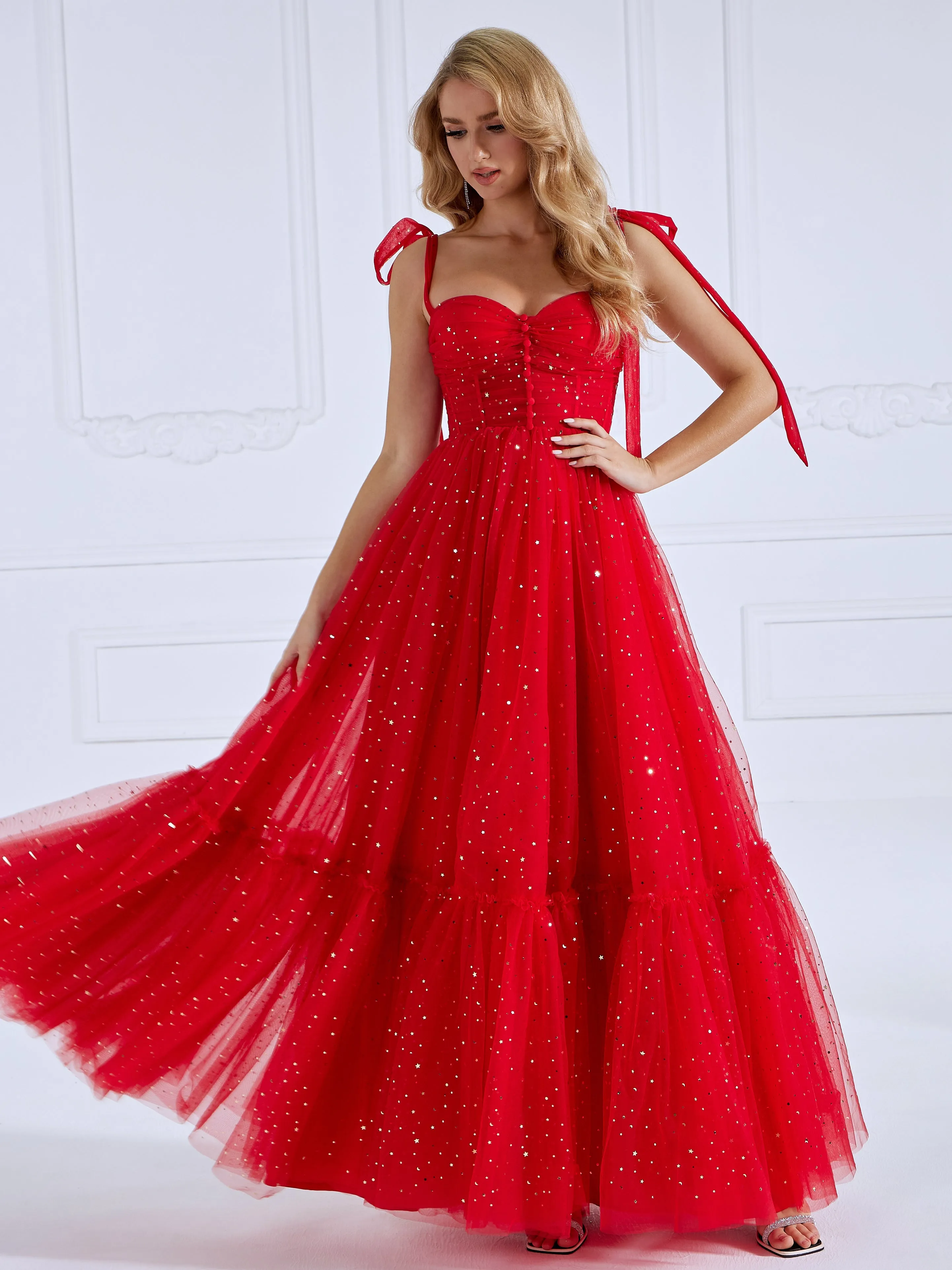 Sleeveless Sweatheart Neckline Starry Tulle Prom Dress with Button Detail YW231022