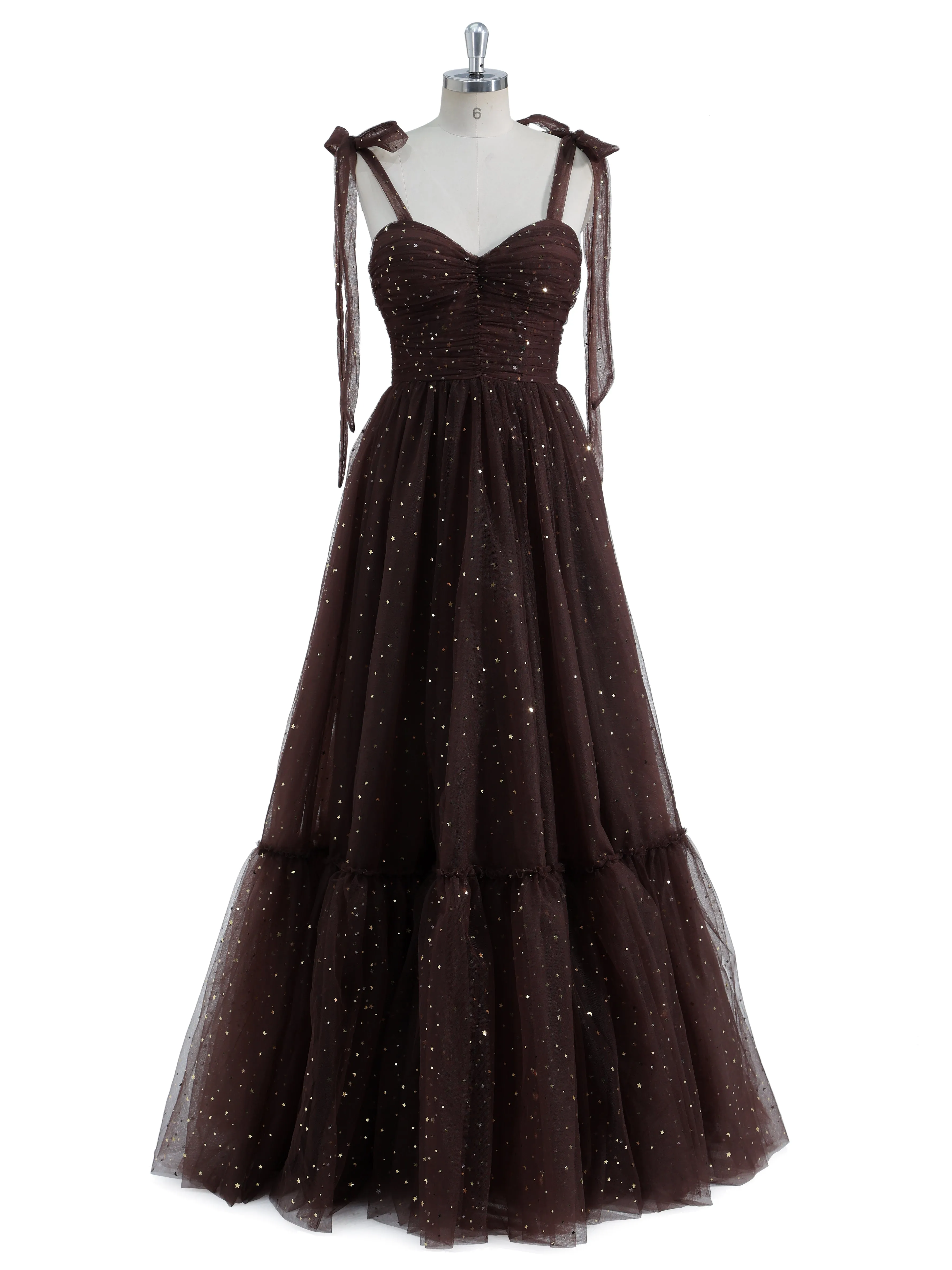 Sleeveless Sweatheart Neckline Starry Tulle Prom Dress with Button Detail YW231022