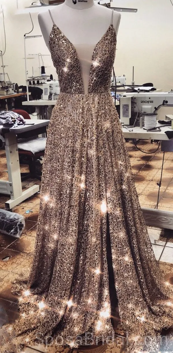 Spaghetti Straps Sparkly Sequin A-line Modest  Formal Elegant Long Prom Dresses, PD1213