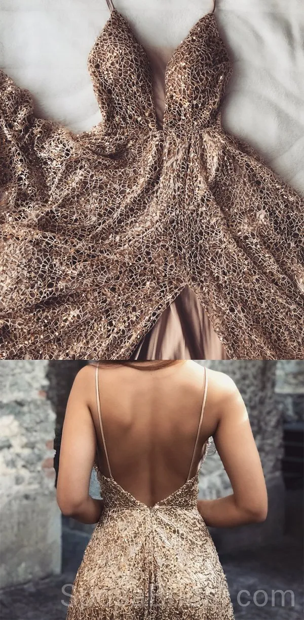 Spaghetti Straps Sparkly Sequin A-line Modest  Formal Elegant Long Prom Dresses, PD1213