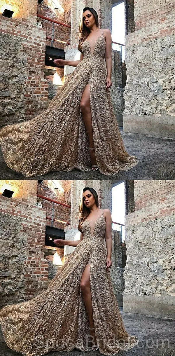Spaghetti Straps Sparkly Sequin A-line Modest  Formal Elegant Long Prom Dresses, PD1213