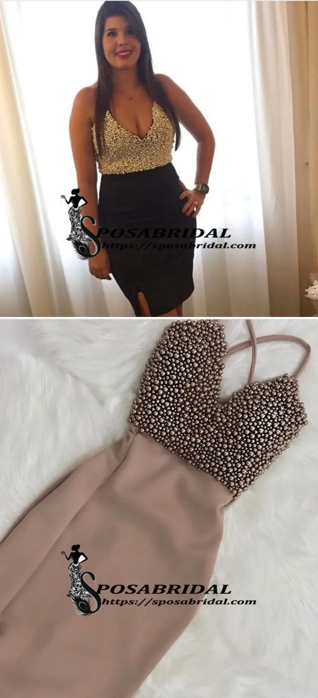 Spaghetti Straps Top Beading Tight Homecoming Dresses, Short Sexy prom dresses with split , BD0224