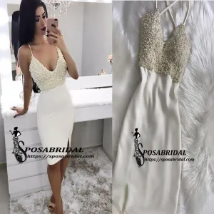 Spaghetti Straps Top Beading Tight Homecoming Dresses, Short Sexy prom dresses with split , BD0224