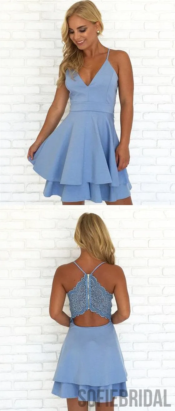 Spaghetti Straps V-neck Simple Satin Lace Back Homecoming Dresses, HD0103